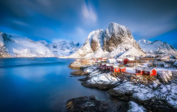 Picture winter, water, mountains, village, Norway, houses, Norway, the fjord