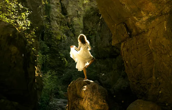 Girl, the sun, stones, dress, Lichon, Magical mystery