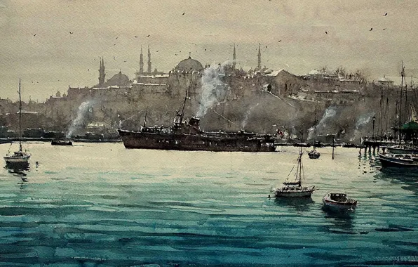 Strait, boat, ship, picture, watercolor, Istanbul, the urban landscape, The Bosphorus