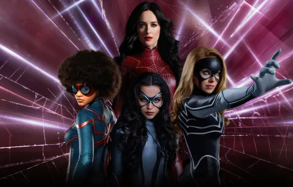 Background, web, poster, characters, comic, costumes, MARVEL, Dakota Johnson