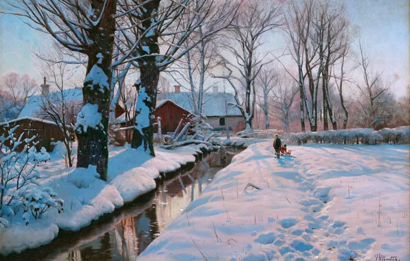 Home, Trees, Snow, Children, Picture, Peder Mork Monsted, Peter Merk Of Menstad, Peder Mørk Mønsted