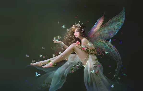 Picture girl, flowers, butterfly, fairy, art, fairy, fake, ruoxin zhang