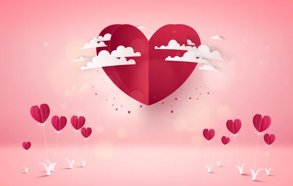 Picture Pink, Hearts, Background, Rendering, Obloka