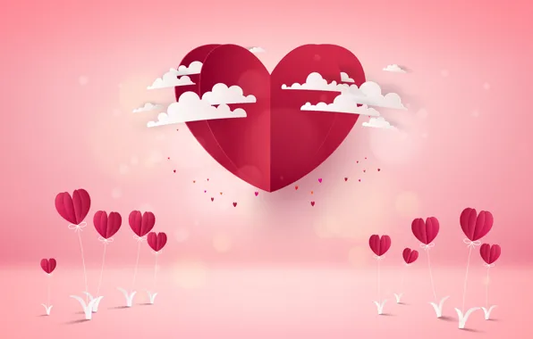 Pink, Hearts, Background, Rendering, Obloka