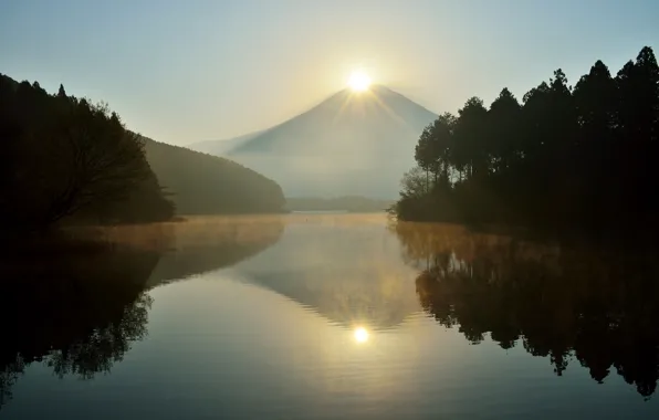 Picture the sun, trees, nature, lake, Japan, mount Fuji