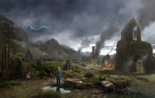 Picture girl, mountains, horse, smoke, art, attack, ruins, corpses
