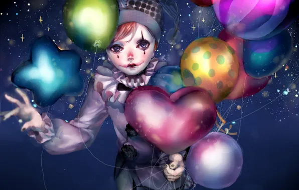 Stars, balls, hat, anime, clown, art, guy, heart