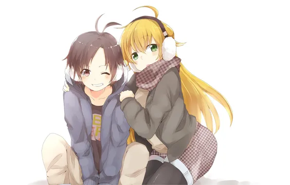 Picture winter, girl, smile, mood, anime, headphones, scarf, hug