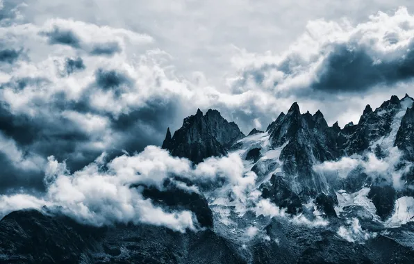 Clouds, snow, mountains, peaks