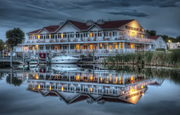 Wood, reflection, boats, building