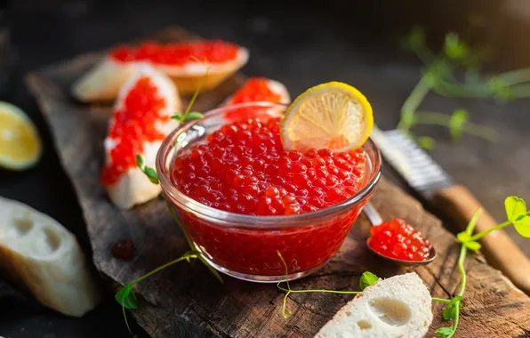 Table, lemon, spoon, bowl, caviar, jar, red caviar, sandwiches