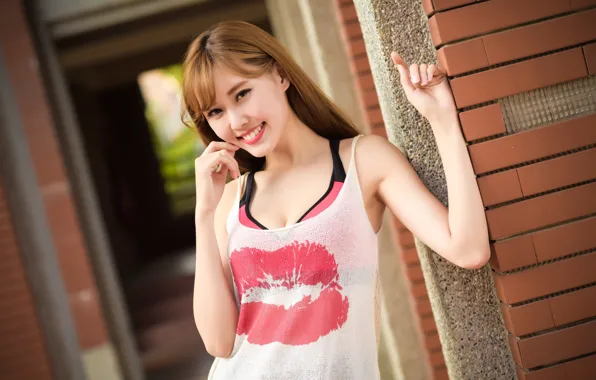 Picture girl, smile, hair, Asian, t-shirt