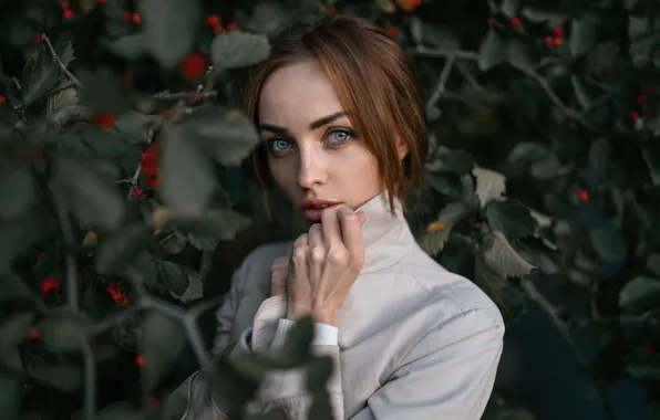 Picture look, girl, branches, nature, face, pose, berries, foliage