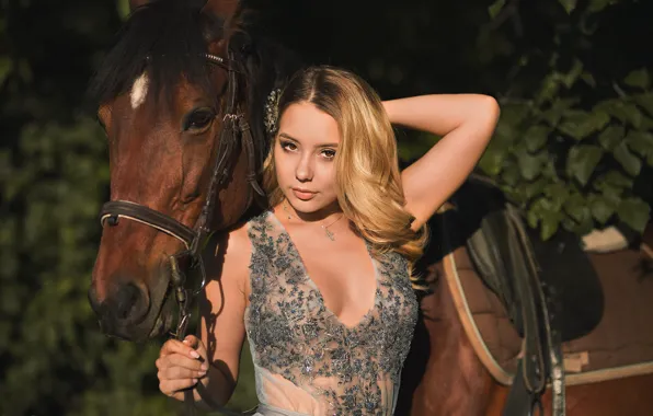Girl, the sun, pose, horse, makeup, dress, hairstyle, blonde