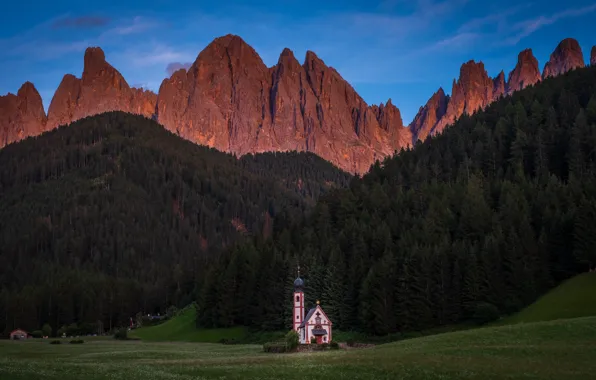 Forest, mountains, Alps, Church