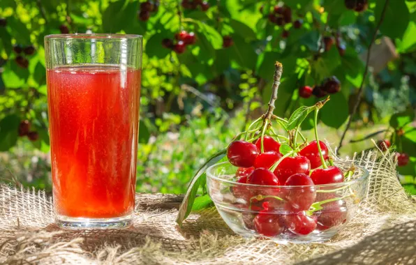 Summer, glass, light, branches, cherry, glass, berries, table