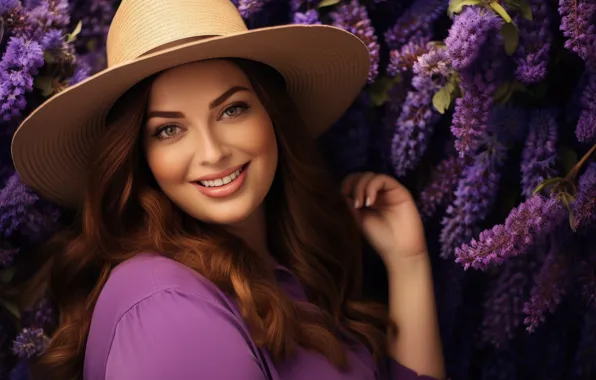 Girl, flowers, smile, portrait, hat, lilac, lilac dress, plus size