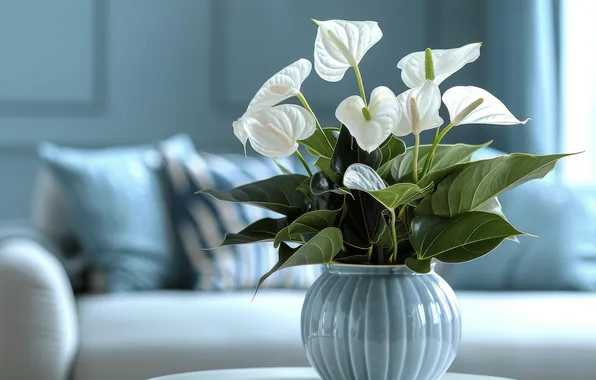 Leaves, flowers, table, room, sofa, interior, bouquet, pillow