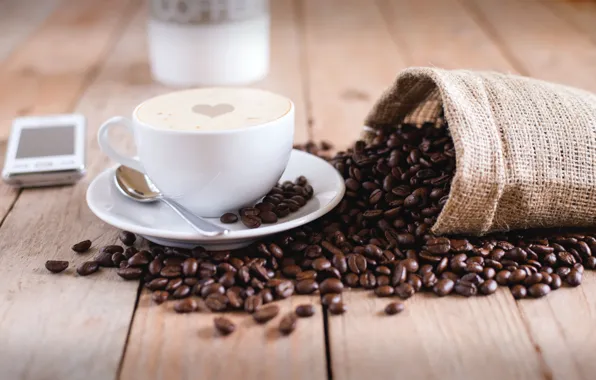 Coffee, phone, drink, bag, smartphone, coffee bean