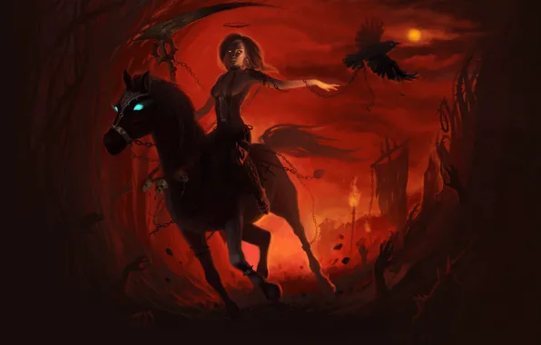 Girl, Horse, Raven, Girl, Horse, Death, Hell, Chain