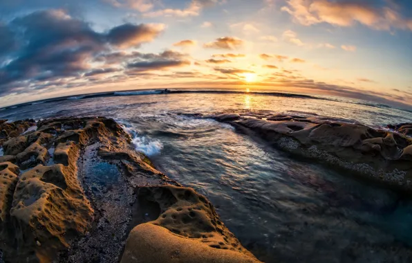 Picture sunset, stones, coast, horizon, CA, Pacific Ocean, California, San Diego