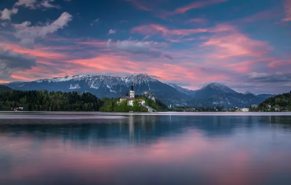 Sunset, mountains, lake, island, Slovenia, Lake Bled, Slovenia, Lake bled
