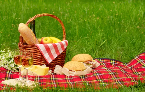 Greens, summer, grass, flowers, wine, basket, glade, apples