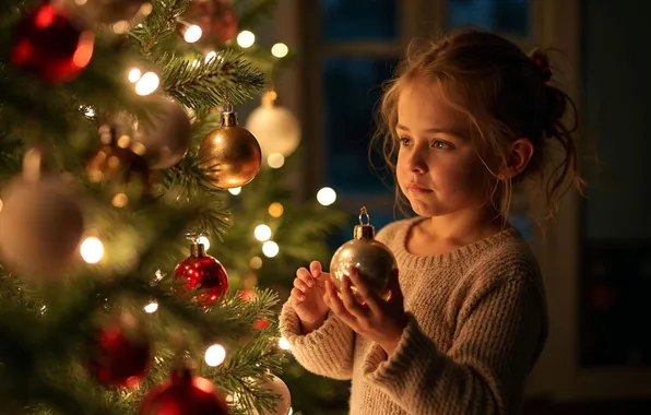 Look, light, branches, lights, portrait, ball, hands, Christmas