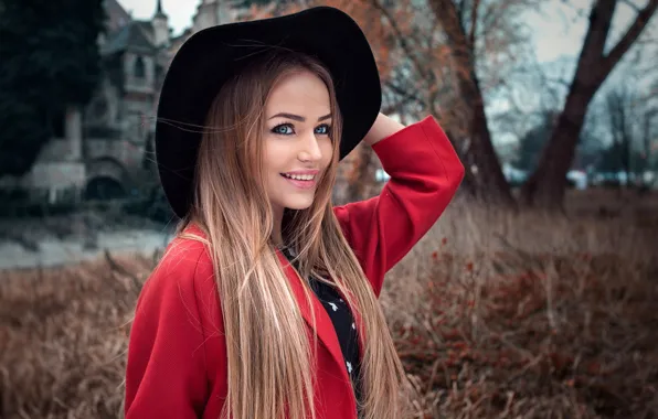 Trees, nature, pose, smile, background, model, portrait, hat