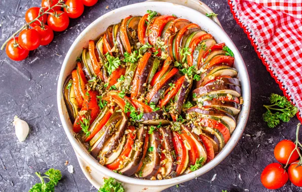 Ratatouille, eggplant, vegetables, tomatoes, parsley, garlic, zucchini