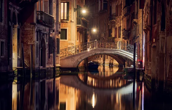 Night, bridge, lights, home, Italy, Venice, channel