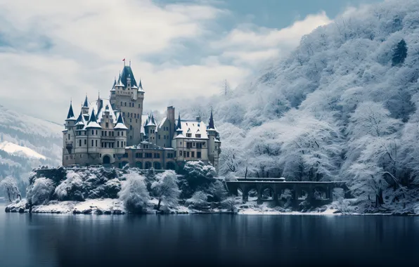 Winter, snow, mountains, castle, river, winter, castle, snowy