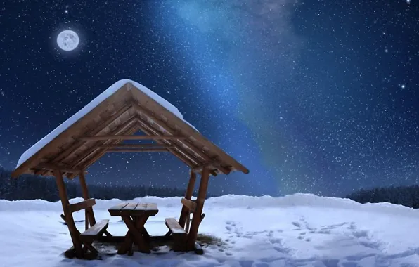 Winter, stars, snow, the moon, gazebo
