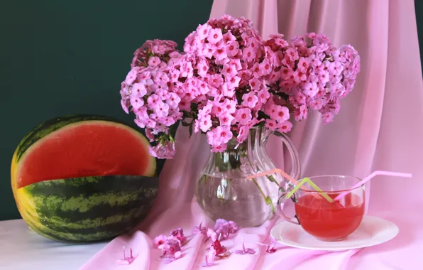 Picture flowers, watermelon, juice, Phlox