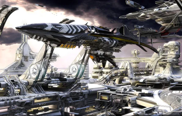 The sky, future, ship, space-port