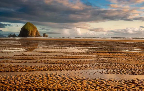 Rock, Oregon, Pacific Ocean, sea, clouds, reflection, Cannon Beach, sand ripples