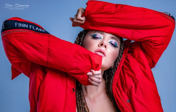 Girl, face, pose, background, hands, makeup, jacket, braids