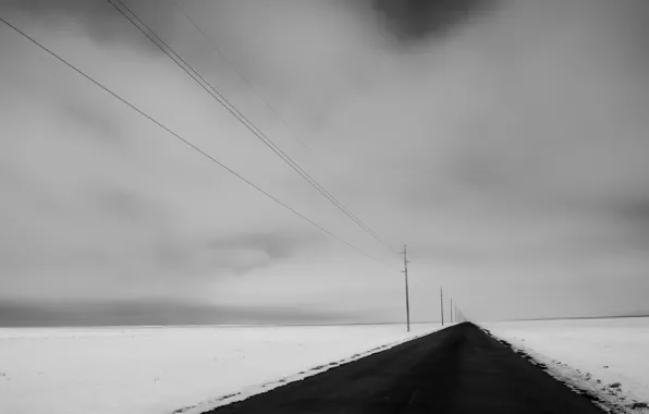 Picture winter, road, field, snow, nature, perspective, power lines