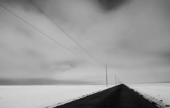 Winter, road, field, snow, nature, perspective, power lines