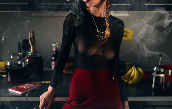 Chest, girl, cigarette, kitchen, bananas, Roman Filippov, Filippov