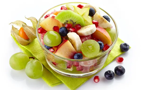 Berries, blueberries, grapes, bananas, white background, bowl, peaches, swipe