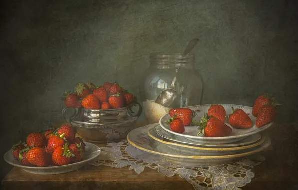 Berries, table, food, strawberry, spoon, Bank, plates, dishes