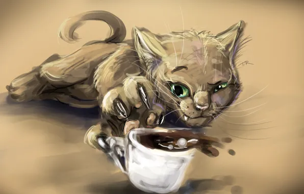 Picture coffee, Cat, Cup, claws, squint, foxy