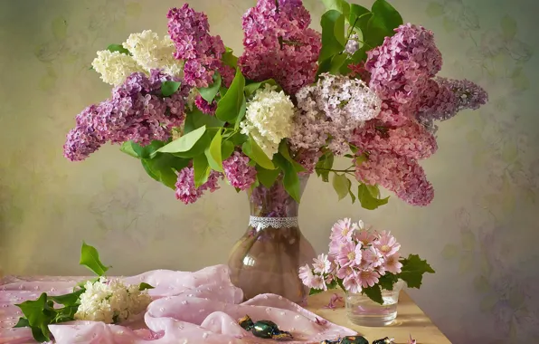 Picture flowers, branches, glass, candy, fabric, vase, still life, lilac