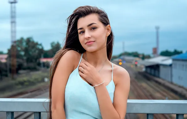 Girl, bridge, pose, background, rails, portrait, makeup, dress