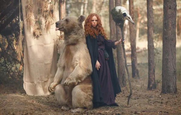Picture forest, girl, skull, bear, staff, red, witch, redhead