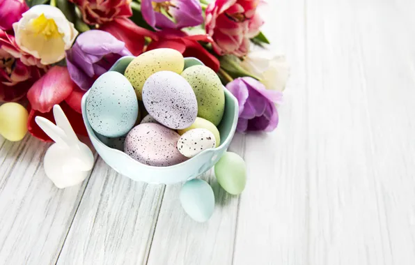 Picture flowers, eggs, spring, colorful, Easter, tulips, happy, wood