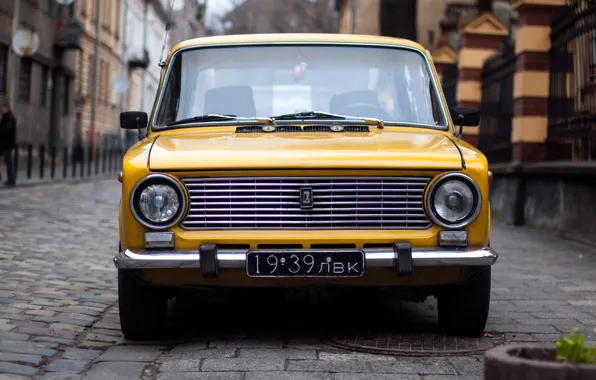 Car, the city, retro, fiat, penny, car, Yellow, front