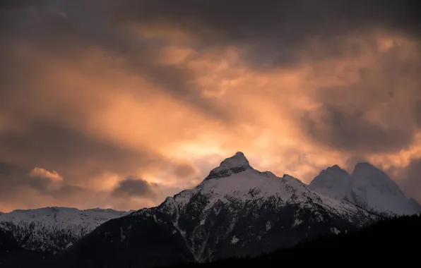 The sky, snow, sunset, mountains, clouds
