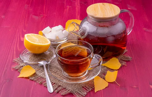 Glass, comfort, heat, table, lemon, tea, kettle, spoon